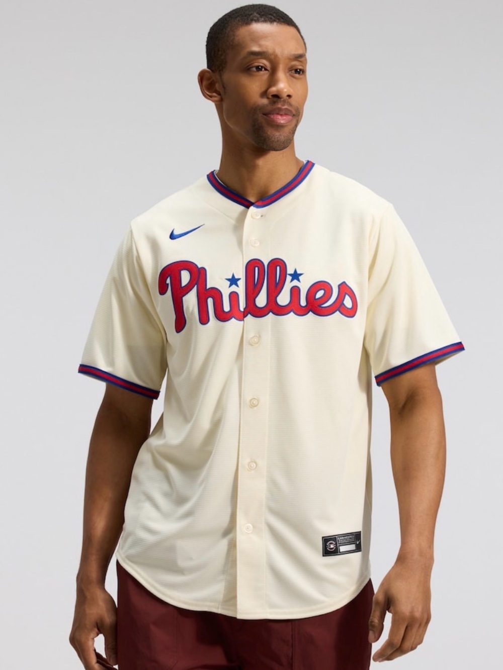 Nike Cream Phillies Short-Sleeve Baseball Jersey with Red & Blue Script